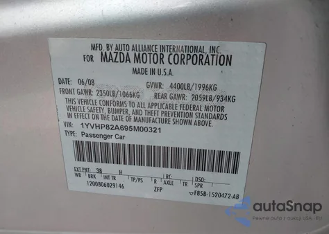 2009 Mazda Mazda6 I Touring z USA, uszkodzony, nr VIN 1YVHP82A695M00321